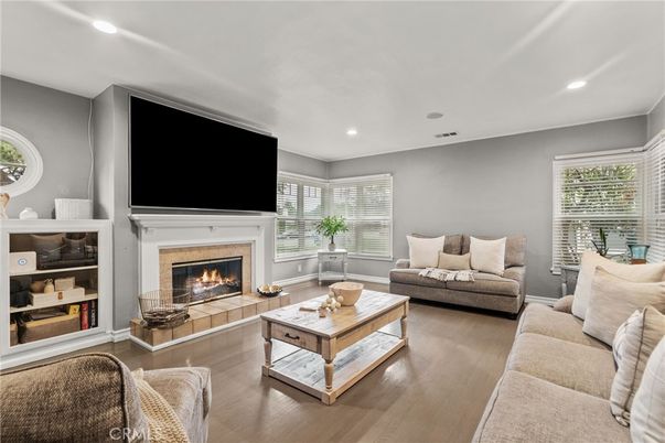 Fireplace, Interior, Living room, Recessed Lighting, Wood Texture Flooring