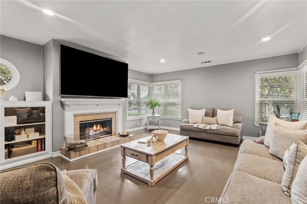 Fireplace, Interior, Living room, Recessed Lighting, Wood Texture Flooring