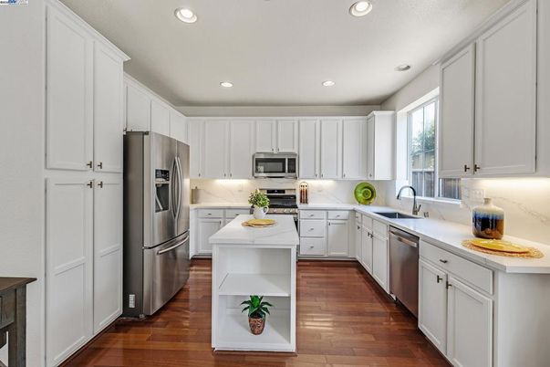 Interior, Kitchen, Recessed Lighting, Stainless Steel Appliances, Wood Texture Flooring