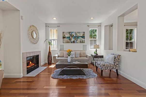 Fireplace, Interior, Living room, Recessed Lighting, Wood Texture Flooring