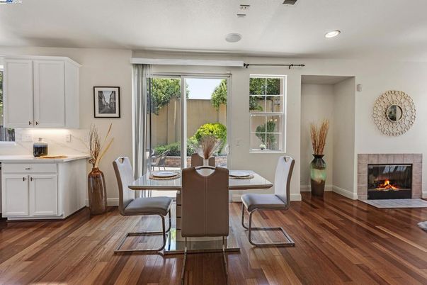 Dining room, Fireplace, Interior, Recessed Lighting, Wood Texture Flooring
