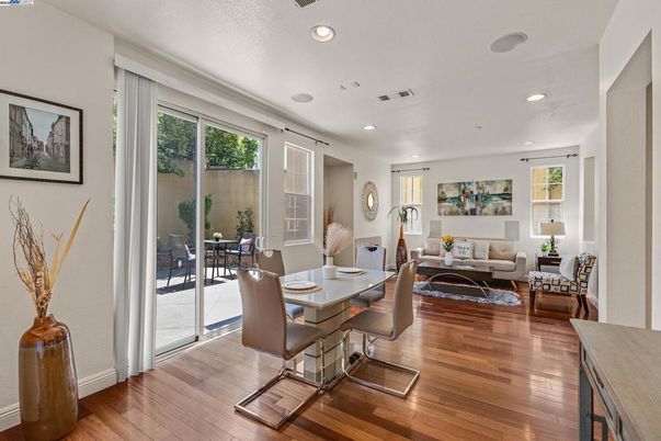 Dining room, Interior, Living room, Recessed Lighting, Wood Texture Flooring