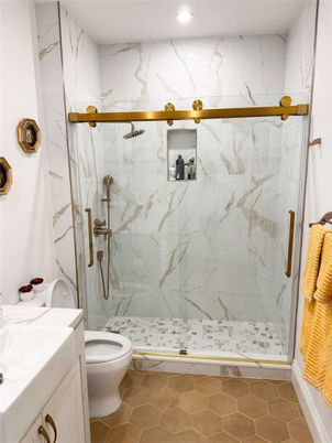 Bathroom, Glass Shower, Interior, Marble Walls, Recessed Lighting