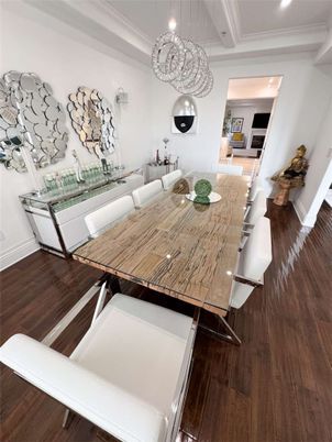 Dining room, Interior, Pendant Lights, Recessed Lighting, Wood Texture Flooring