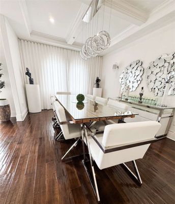 Dining room, Interior, Pendant Lights, Recessed Lighting, Wood Texture Flooring