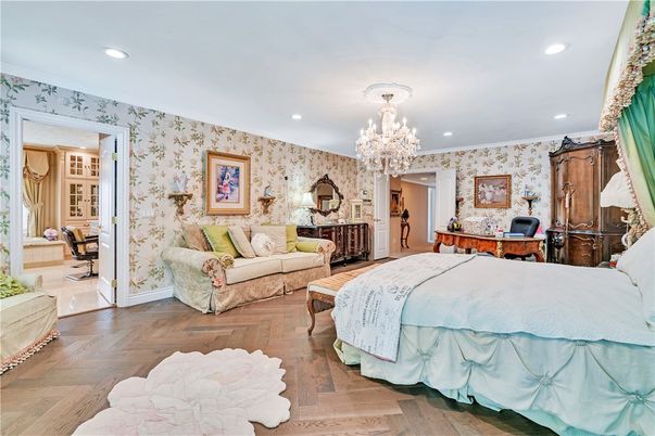 Bedroom, Chandelier, Interior, Recessed Lighting, Wood Texture Flooring