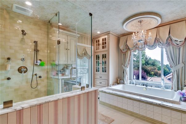 Bathroom, Chandelier, Glass Shower, Interior, Recessed Lighting
