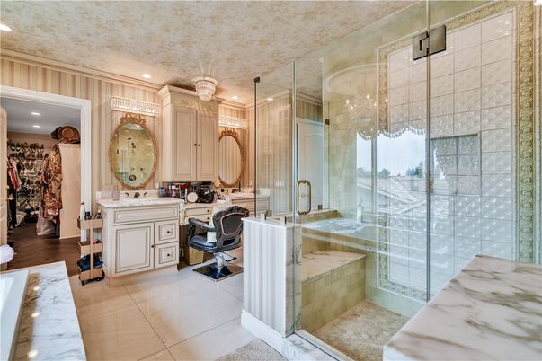 Bathroom, Chandelier, Glass Shower, Interior, Recessed Lighting, Wood Texture Flooring