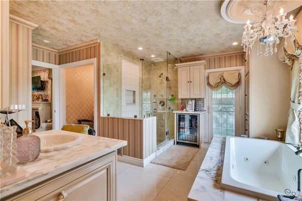 Bathroom, Chandelier, Glass Shower, Interior, Recessed Lighting