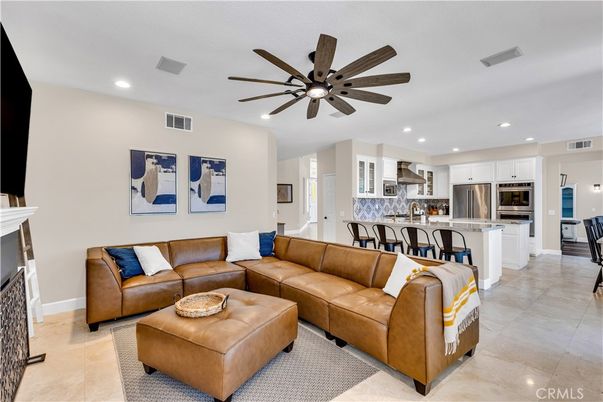 Dining room, Fireplace, Interior, Kitchen, Living room, Recessed Lighting, Stainless Steel Appliances