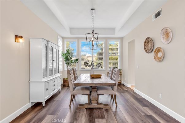 Dining room, Interior, Pendant Lights, Wood Texture Flooring