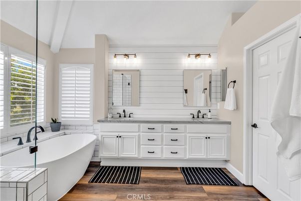 Bathroom, Dual Sink Vanities, Free Standing Baths, Interior, Wood Texture Flooring