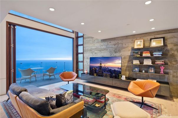Fireplace, Interior, Living room, Recessed Lighting, Stone Walls, Water, Wood Texture Flooring, Wooden Walls