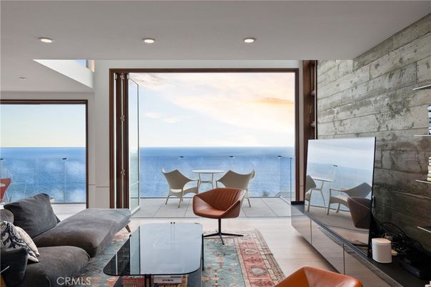 Interior, Living room, Recessed Lighting, Stone Walls, Water, Wood Texture Flooring