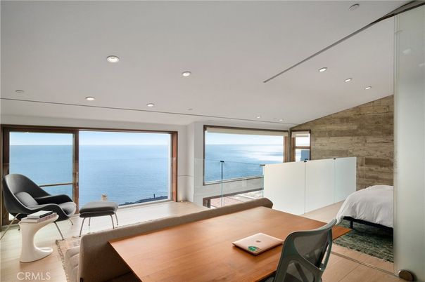 Bedroom, Home Office, Interior, Recessed Lighting, Water, Wood Texture Flooring, Wooden Walls