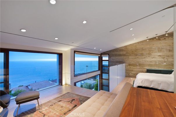 Bedroom, Interior, Recessed Lighting, Water, Wood Texture Flooring, Wooden Walls