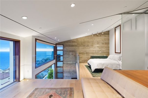 Bedroom, Interior, Recessed Lighting, Water, Wood Texture Flooring, Wooden Walls