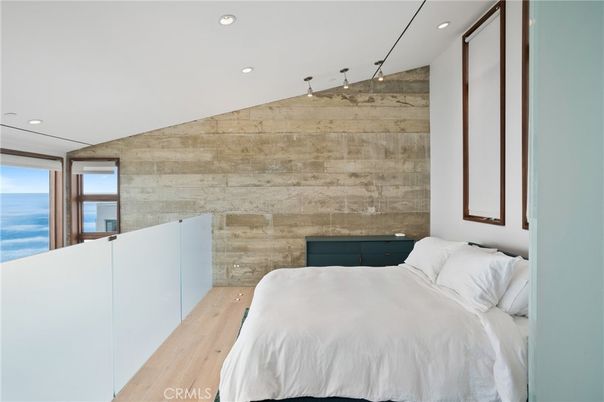 Bedroom, Interior, Recessed Lighting, Water, Wood Texture Flooring, Wooden Walls