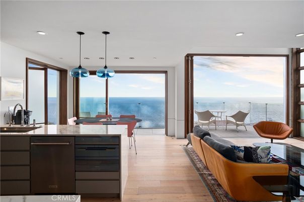 Dining room, Interior, Kitchen, Pendant Lights, Recessed Lighting, Water, Wood Texture Flooring