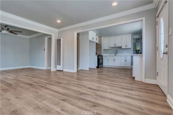Empty room, Interior, Kitchen, Recessed Lighting, Wood Texture Flooring