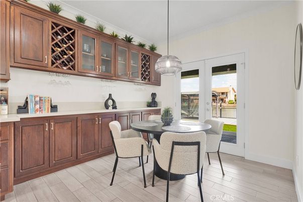 Dining room, Interior, Pendant Lights, Wood Texture Flooring