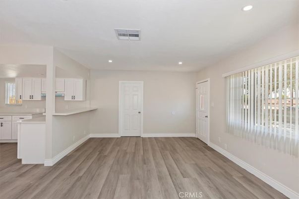 Empty room, Interior, Kitchen, Recessed Lighting, Wood Texture Flooring