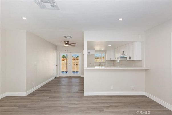 Empty room, Interior, Kitchen, Recessed Lighting, Wood Texture Flooring