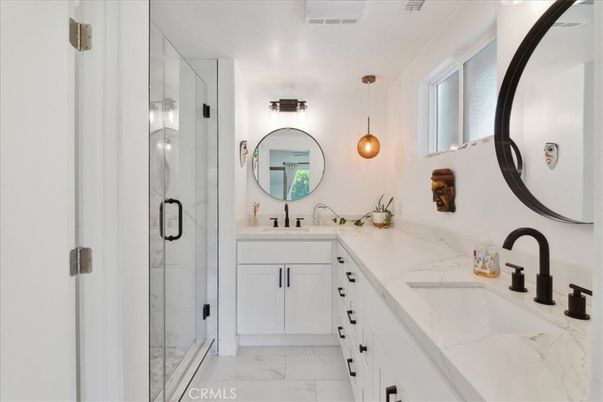 Bathroom, Dual Sink Vanities, Glass Shower, Interior, Marble, Pendant Lights