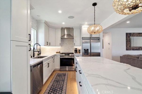 Interior, Kitchen, Pendant Lights, Recessed Lighting, Stainless Steel Appliances, Wood Texture Flooring