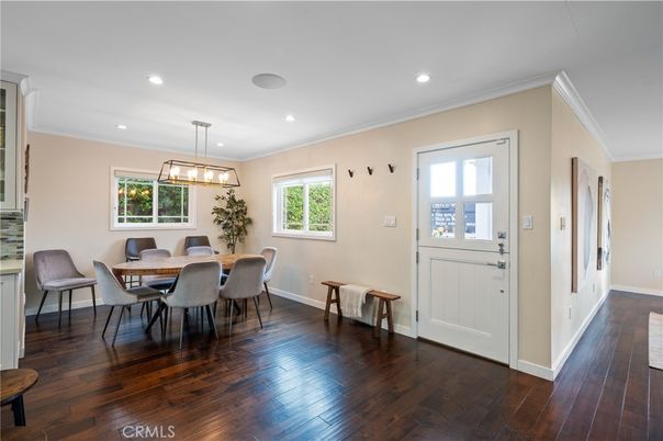 Dining room, Interior, Pendant Lights, Recessed Lighting, Wood Texture Flooring