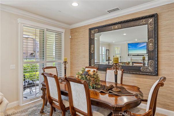 Dining room, Fireplace, Interior, Living room, Recessed Lighting, Wood Texture Flooring