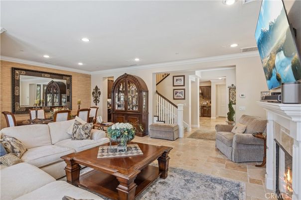 Dining room, Fireplace, Interior, Living room, Recessed Lighting
