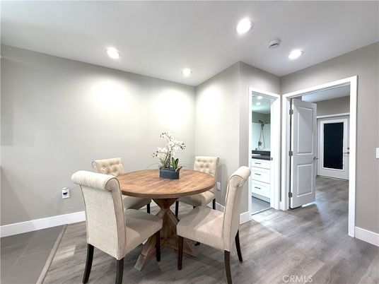 Dining room, Interior, Recessed Lighting, Wood Texture Flooring
