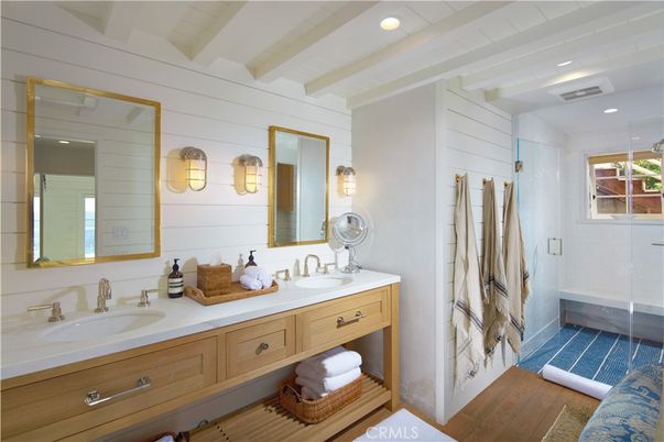 Bathroom, Dual Sink Vanities, Interior, Recessed Lighting, Wood Texture Flooring