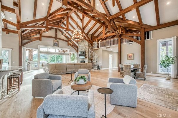 Chandelier, Dining room, Interior, Living room, Recessed Lighting, Wooden Beams, Wood Texture Flooring