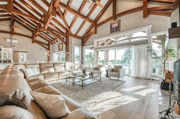 Interior, Living room, Pendant Lights, Recessed Lighting, Wooden Beams, Wood Texture Flooring