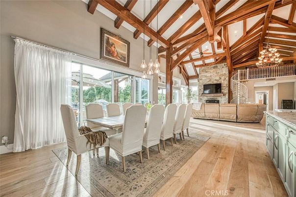 Dining room, Fireplace, Interior, Pendant Lights, Stone Walls, Wooden Beams, Wood Texture Flooring