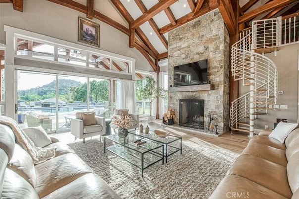 Fireplace, Interior, Living room, Recessed Lighting, Stone Walls, Wooden Beams, Wood Texture Flooring