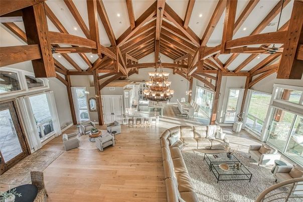 Chandelier, Dining room, Interior, Living room, Recessed Lighting, Wooden Beams, Wood Texture Flooring
