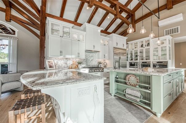 Interior, Kitchen, Pendant Lights, Recessed Lighting, Stainless Steel Appliances, Wooden Beams, Wood Texture Flooring