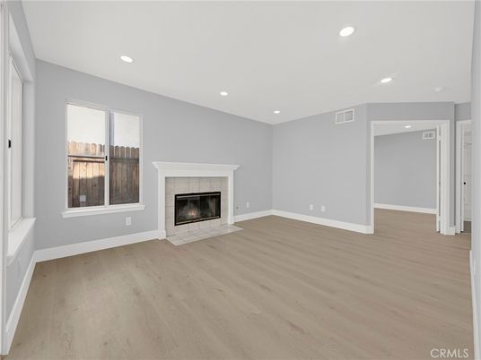 Empty room, Fireplace, Interior, Recessed Lighting, Wood Texture Flooring