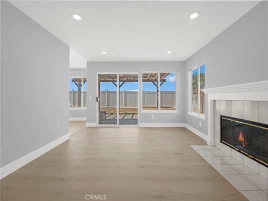 Empty room, Fireplace, Interior, Recessed Lighting, Wood Texture Flooring