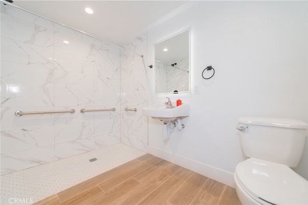 Bathroom, Interior, Marble Walls, Recessed Lighting, Wood Texture Flooring