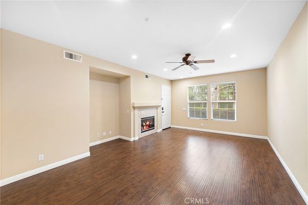 Empty room, Fireplace, Interior, Recessed Lighting, Wood Texture Flooring