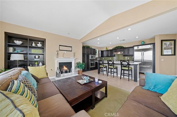 Fireplace, Interior, Kitchen, Living room, Recessed Lighting, Stainless Steel Appliances