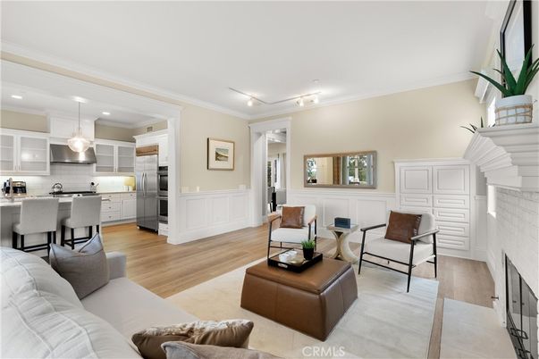 Fireplace, Interior, Kitchen, Living room, Pendant Lights, Recessed Lighting, Stainless Steel Appliances, Wood Texture Flooring