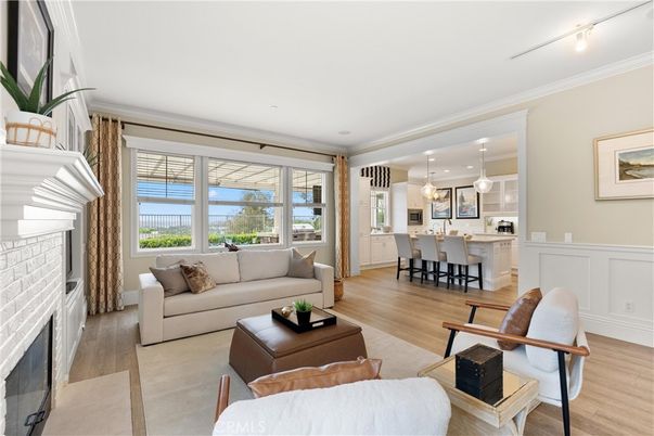 Dining room, Fireplace, Interior, Kitchen, Living room, Pendant Lights, Recessed Lighting, Wood Texture Flooring