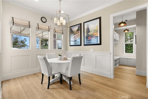 Dining room, Interior, Pendant Lights, Wood Texture Flooring