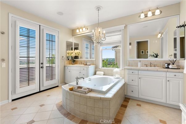Bathroom, Chandelier, Dual Sink Vanities, Interior, Tile Countertops