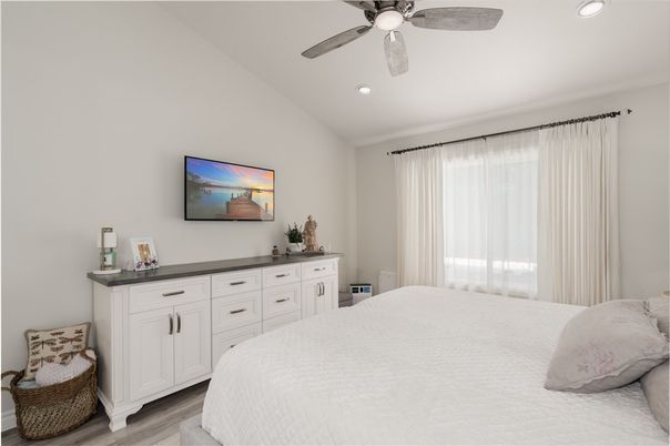 Bedroom, Interior, Recessed Lighting, Wood Texture Flooring